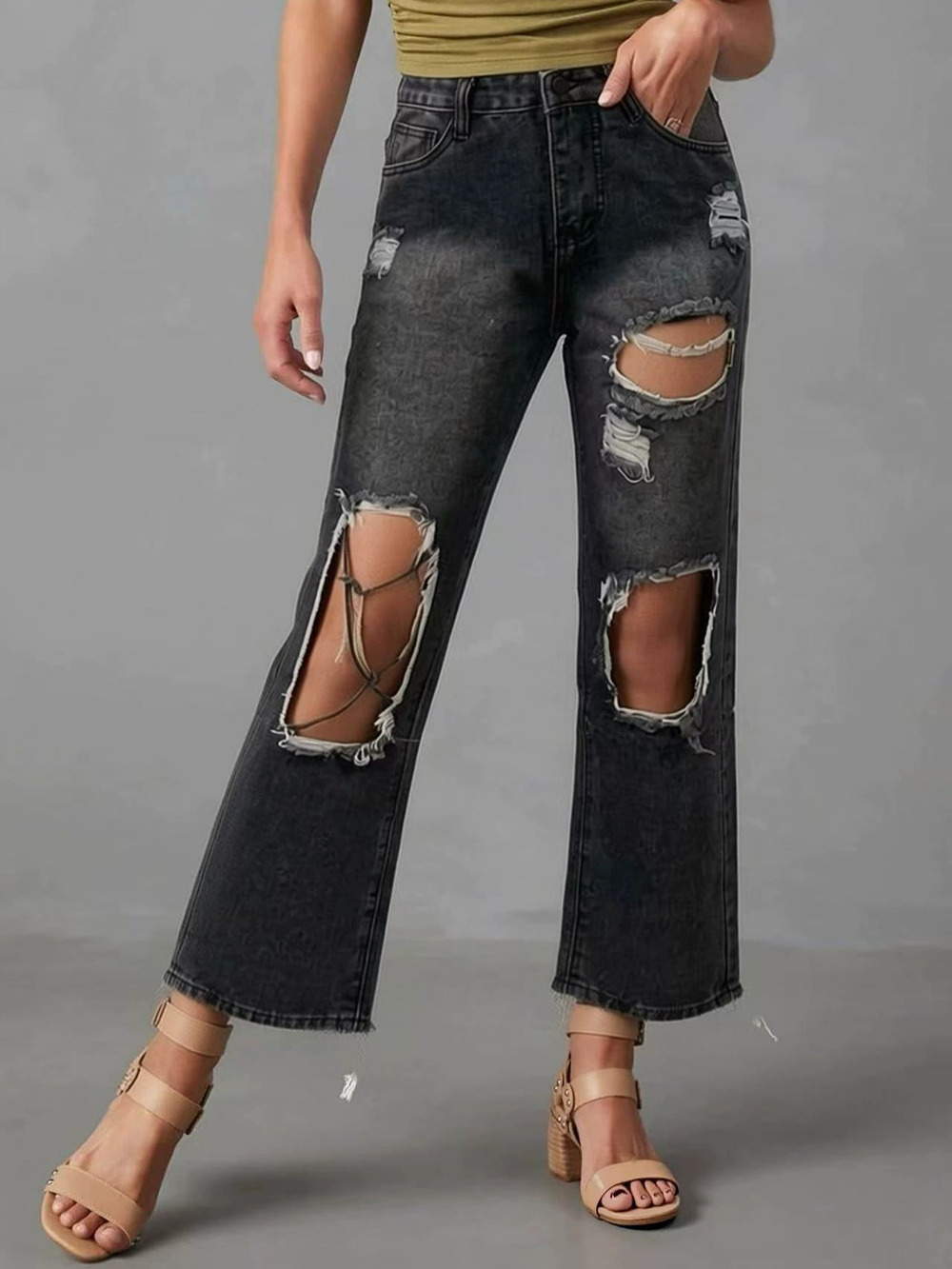 ZARA Women High Rise Distressed Straight Leg Stylish Ankle Length Jeans
